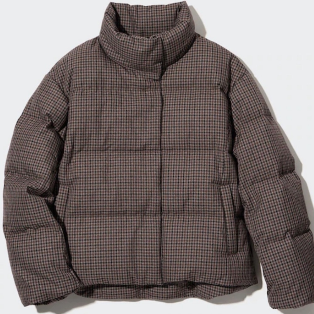 Uniqlo Women Check Patterned Down Puffer Jacket Coat Water Repellent Brown XL - Picture 5 of 13